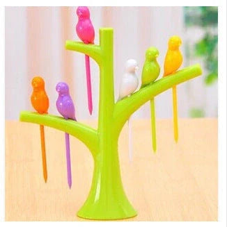 Kids' plastic fruit forks with tree and birds design in vibrant colours