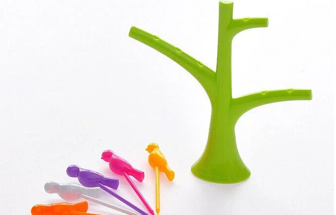 Kids' plastic fruit forks with tree and birds design in vibrant colours