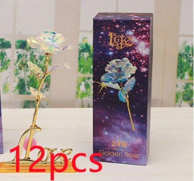 A luxurious 24K gold-plated rose flower bouquet set with a gift box and tote bag