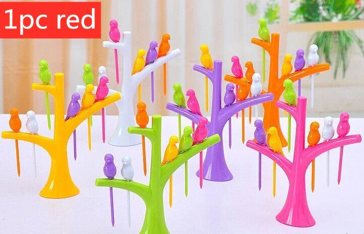 Kids' plastic fruit forks with tree and birds design in vibrant colours