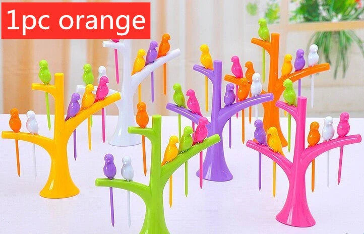 Kids' plastic fruit forks with tree and birds design in vibrant colours