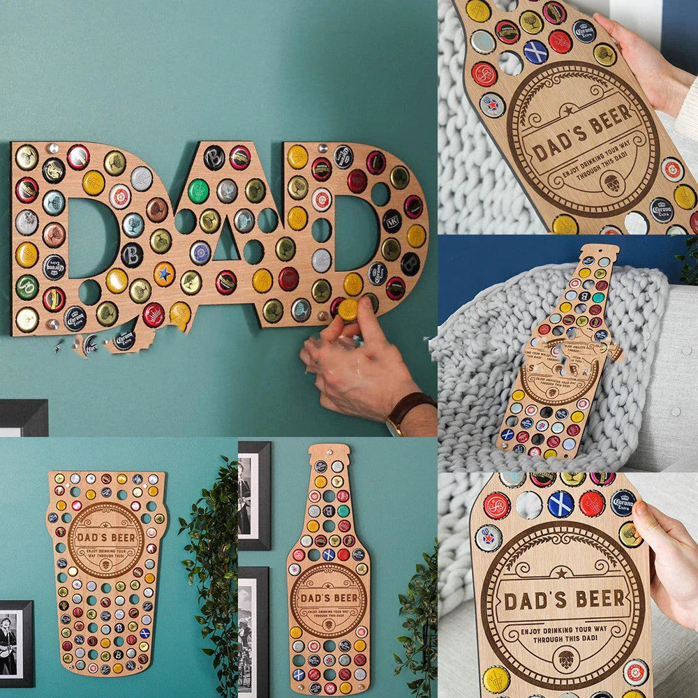 Stylish wooden beer bottle cap display organiser with customizable wooden letters and storage spaces for collecting caps