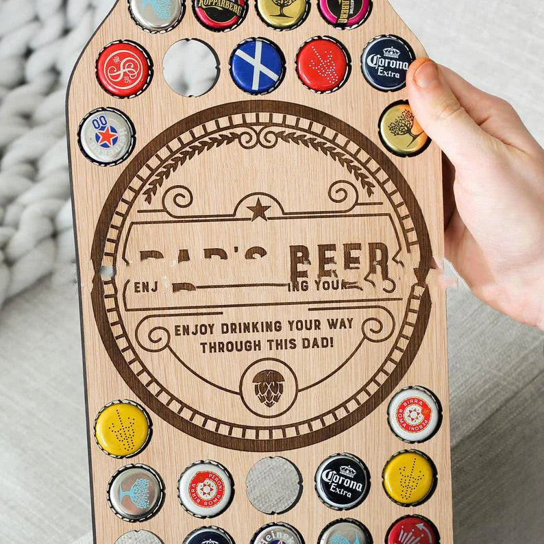 Stylish wooden beer bottle cap display organiser with customizable wooden letters and storage spaces for collecting caps