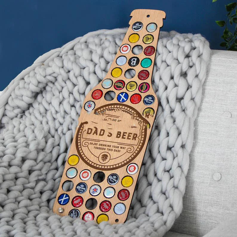 Stylish wooden beer bottle cap display organiser with customizable wooden letters and storage spaces for collecting caps