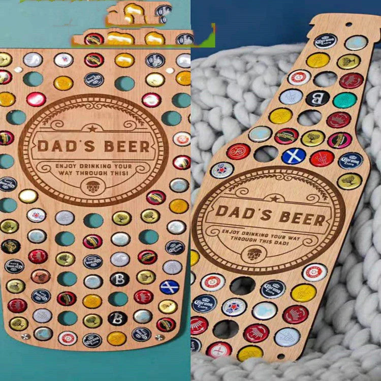 Stylish wooden beer bottle cap display organiser with customizable wooden letters and storage spaces for collecting caps