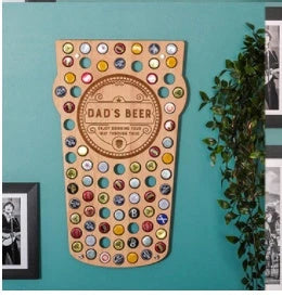 Stylish wooden beer bottle cap display organiser with customizable wooden letters and storage spaces for collecting caps