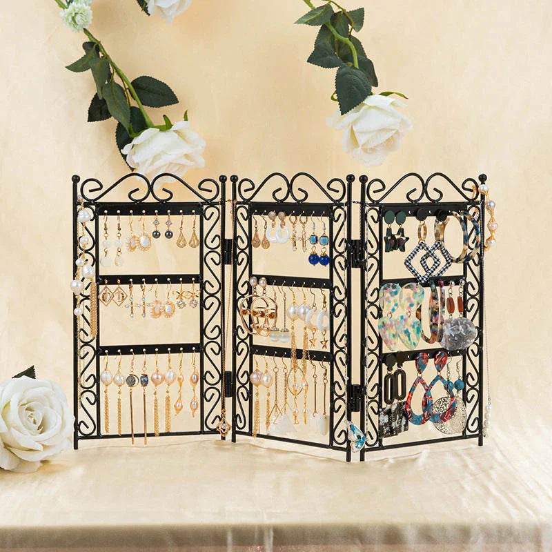 Jewelry organizer with a sleek, European-inspired design and a folding mechanism for space-saving storage