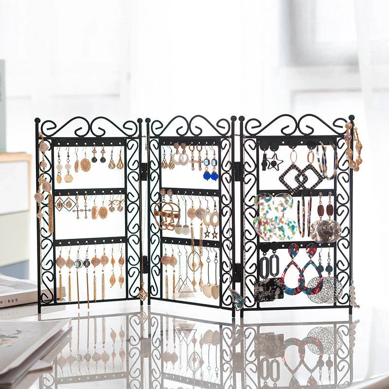 Jewelry organizer with a sleek, European-inspired design and a folding mechanism for space-saving storage