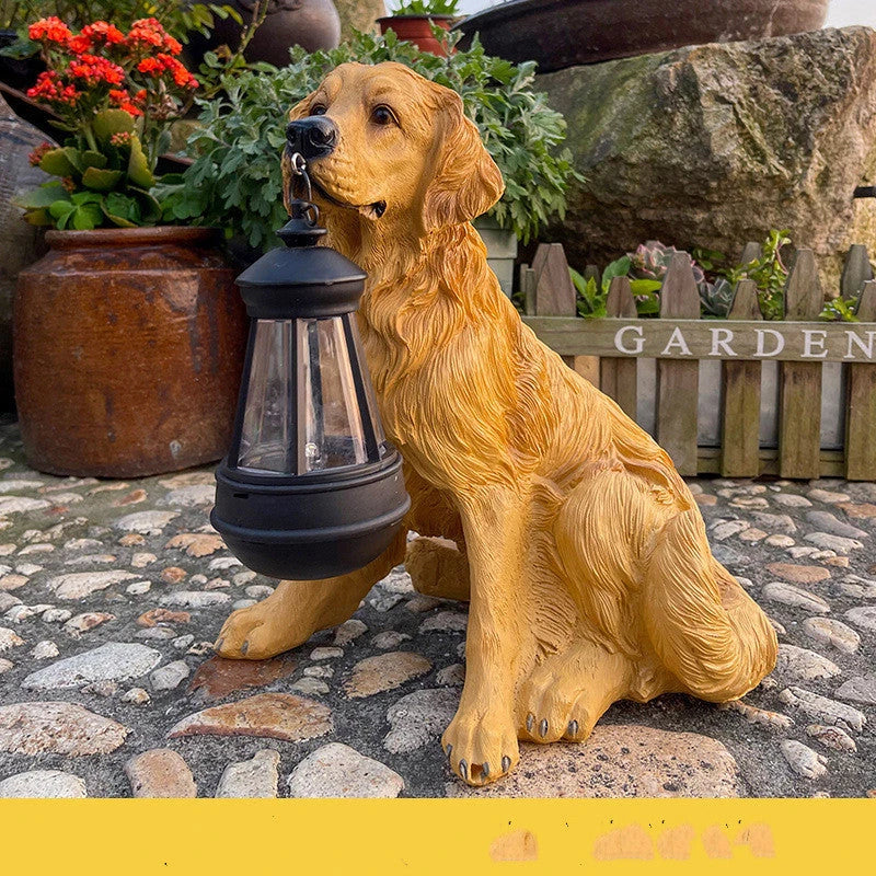 Solar-powered LED dog statue with a retro-inspired mottled, striped design for outdoor lawn, porch, or patio decor
