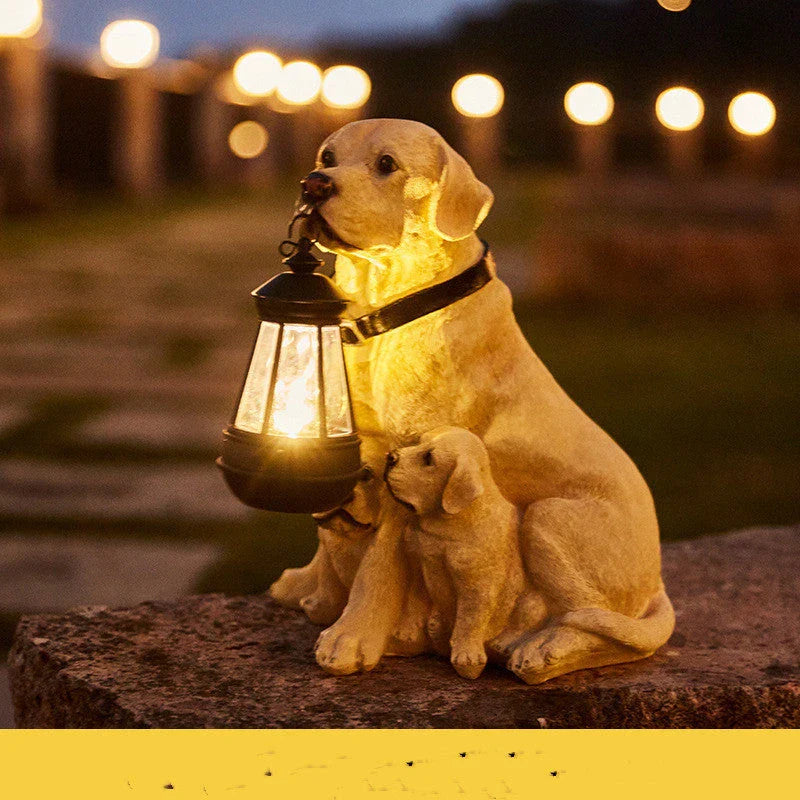 Solar-powered LED dog statue with a retro-inspired mottled, striped design for outdoor lawn, porch, or patio decor