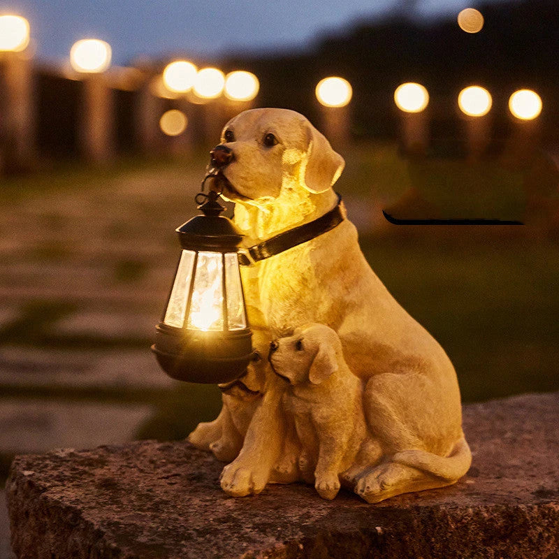 Solar-powered LED dog statue with a retro-inspired mottled, striped design for outdoor lawn, porch, or patio decor