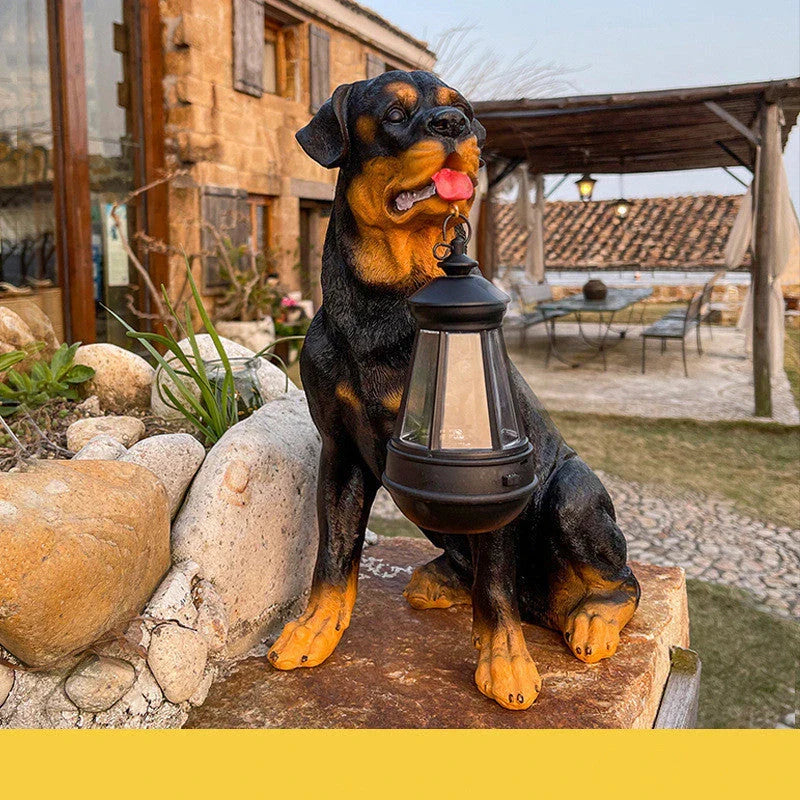 Solar-powered LED dog statue with a retro-inspired mottled, striped design for outdoor lawn, porch, or patio decor