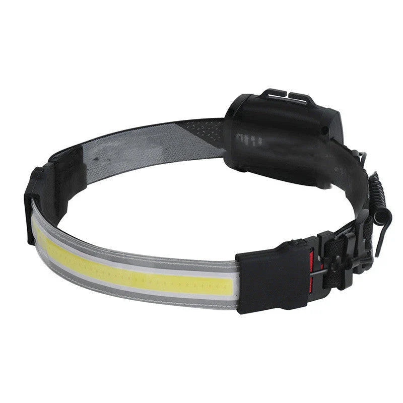 Powerful COB LED headlamp with 3 lighting modes, adjustable headband, and rechargeable battery