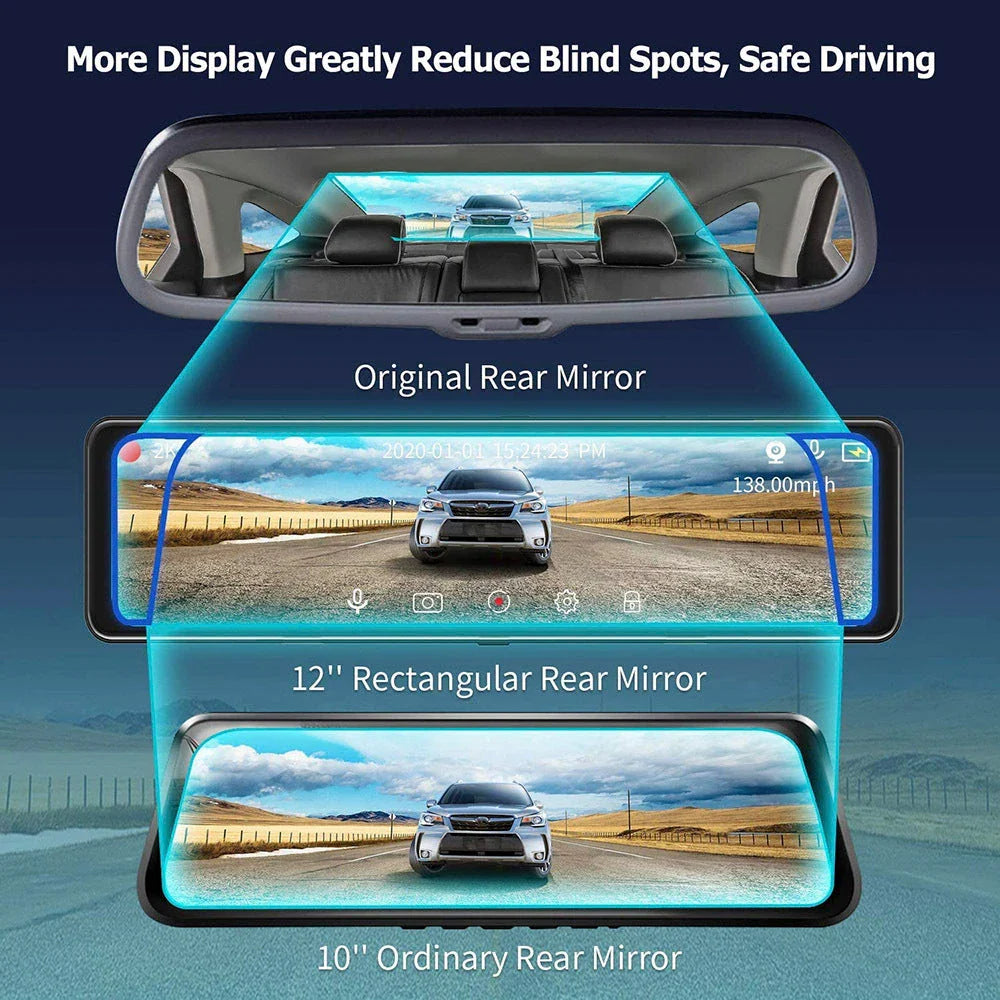 Premium dual-lens dash cam with 1080p HD recording, 12-inch touchscreen, and night vision for comprehensive road protection