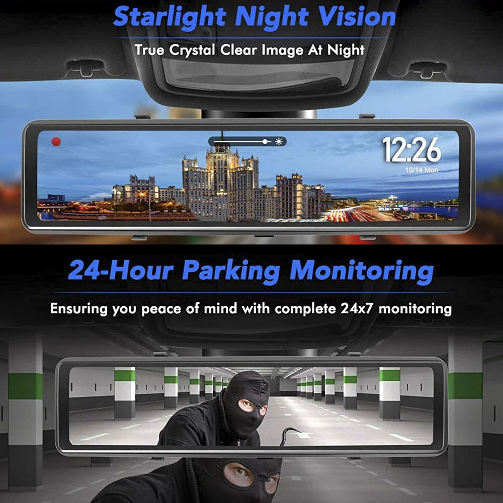 Premium dual-lens dash cam with 1080p HD recording, 12-inch touchscreen, and night vision for comprehensive road protection