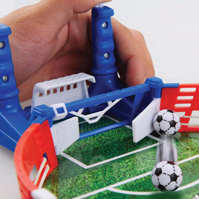 Portable tabletop mini soccer board game with blue plastic construction, perfect for indoor sports and family fun