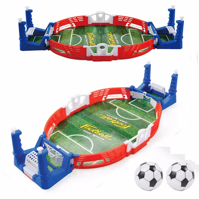 Portable tabletop mini soccer board game with blue plastic construction, perfect for indoor sports and family fun