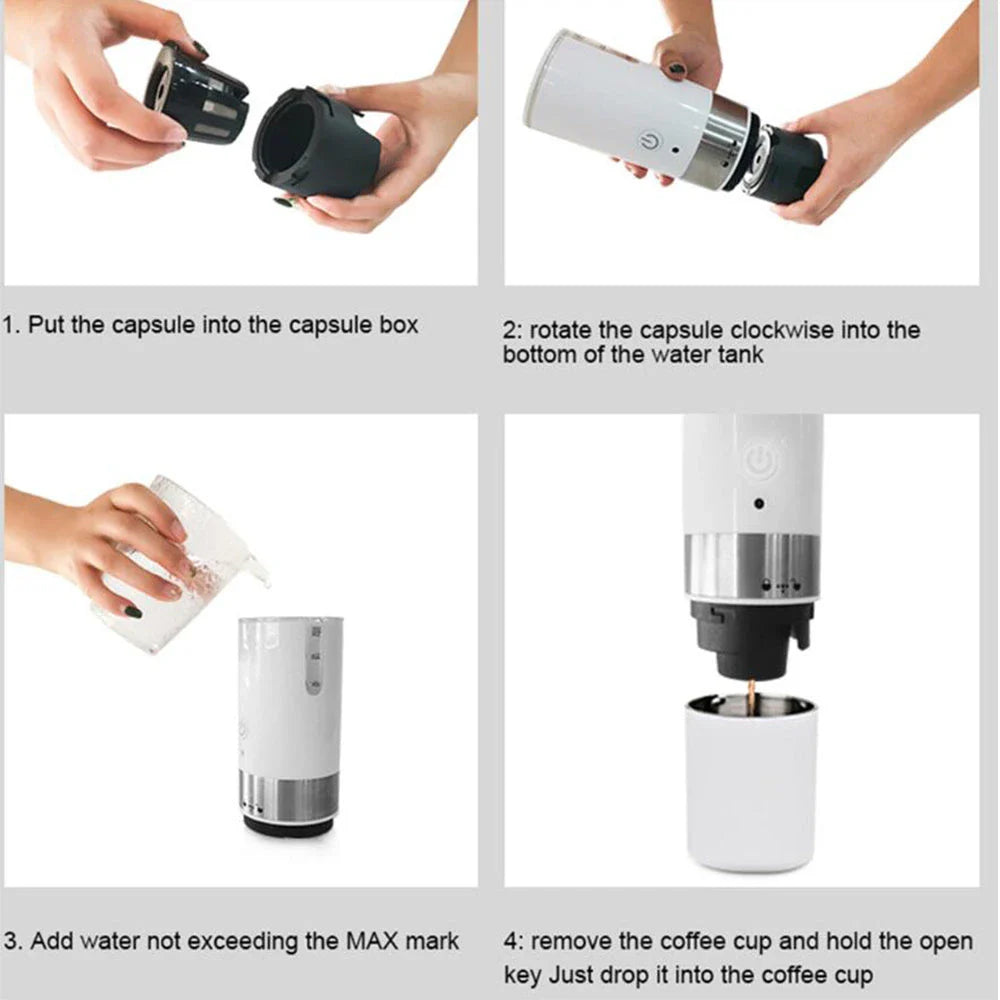 Portable automatic coffee maker with one-touch brewing and compatible with ground coffee or capsules