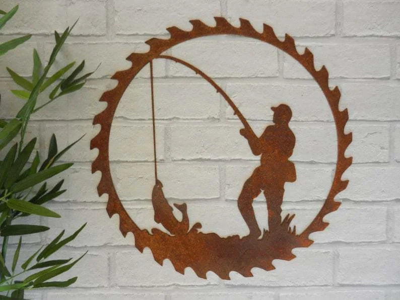 Handcrafted metal fishing scene pendant for garden decoration