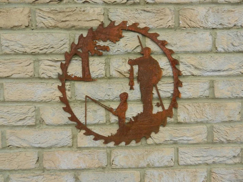 Handcrafted metal fishing scene pendant for garden decoration