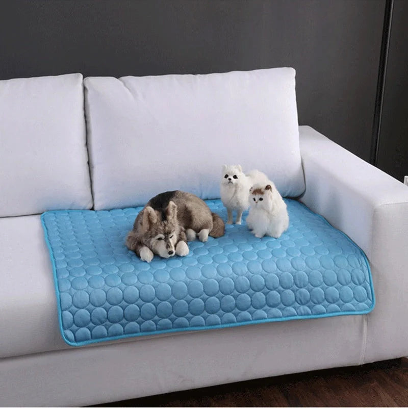 Pet Summer Portable Ice Silk Cooling Pad in various colors and sizes