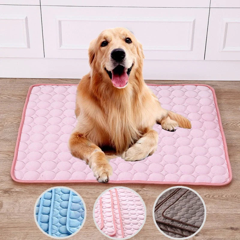 Pet Summer Portable Ice Silk Cooling Pad in various colors and sizes