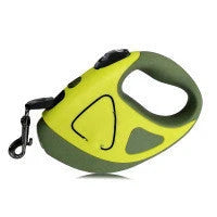 Premium retractable dog leash with luminous safety LED, featuring a rubberized non-slip handle, 360-degree anti-winding design, and durable nylon construction for secure and convenient dog walking.
