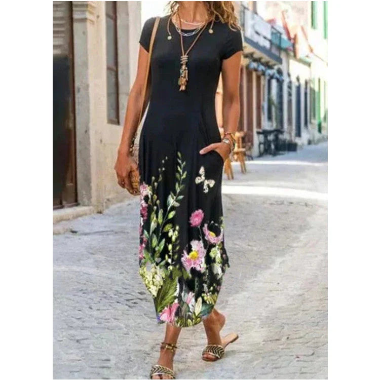 Stylish, printed midi dress with pockets, available in a variety of colours and sizes