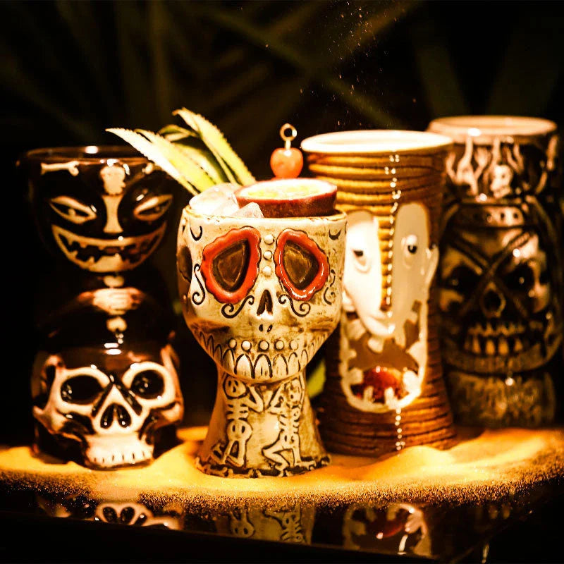 A ceramic tiki mug with a 3D decorative face, perfect for tropical cocktails, smoothies, and other chilled beverages.