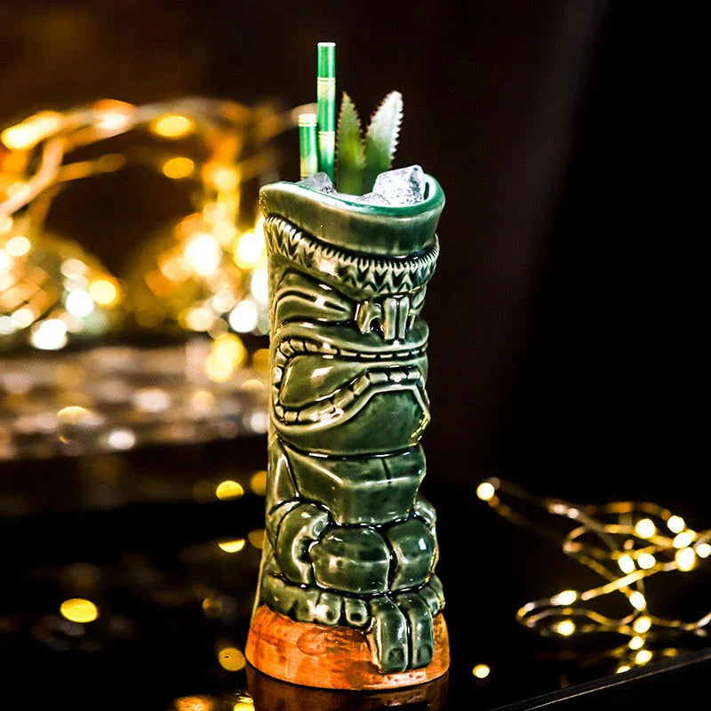 A ceramic tiki mug with a 3D decorative face, perfect for tropical cocktails, smoothies, and other chilled beverages.