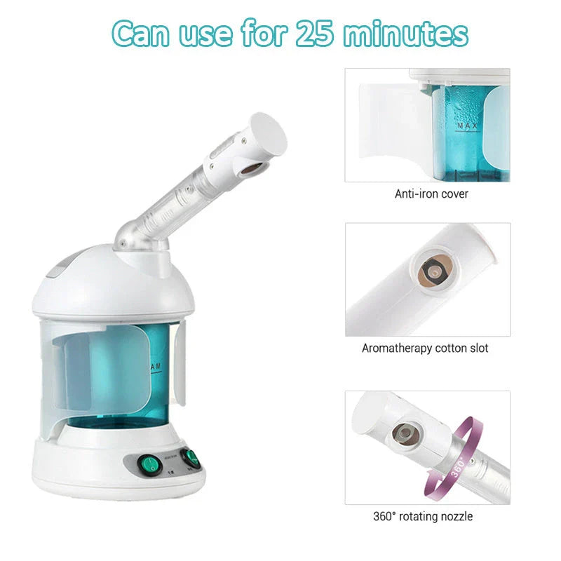 Portable Face Steamer with Rotating Nozzle for Hands-Free, Spa-Quality Facial Treatment