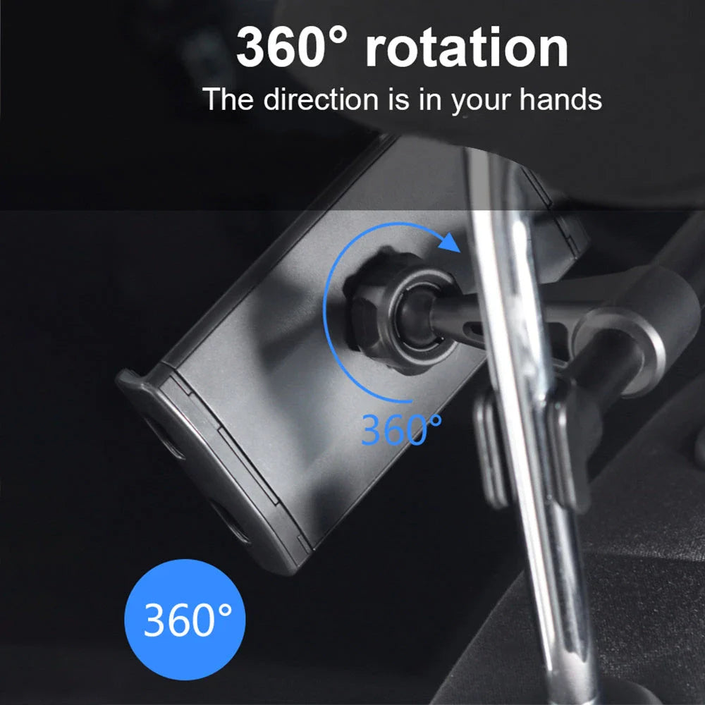 Adjustable car headrest mount for holding smartphones and tablets, with 360-degree swivel and telescopic arm for optimal viewing