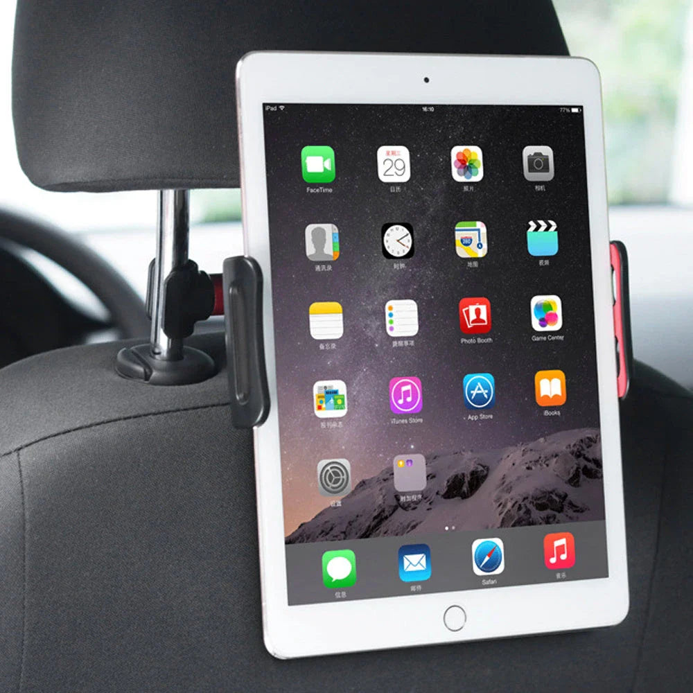 Adjustable car headrest mount for holding smartphones and tablets, with 360-degree swivel and telescopic arm for optimal viewing