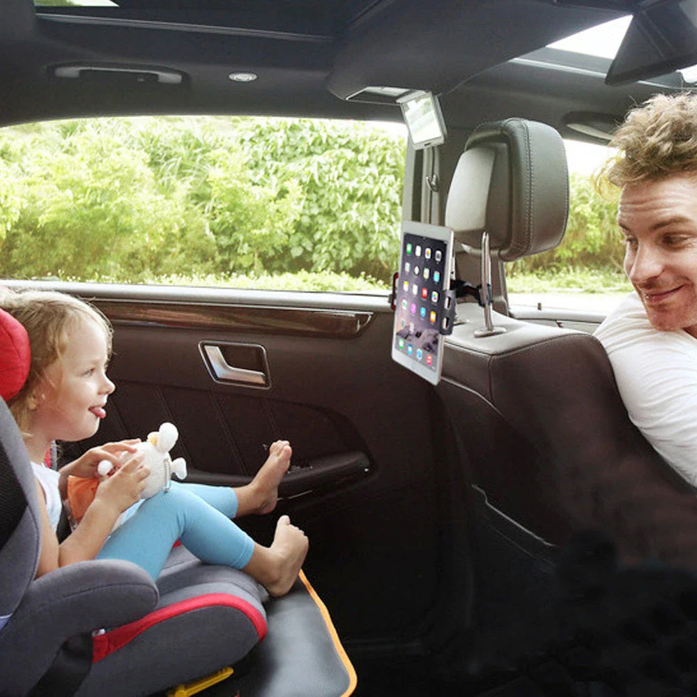Adjustable car headrest mount for holding smartphones and tablets, with 360-degree swivel and telescopic arm for optimal viewing