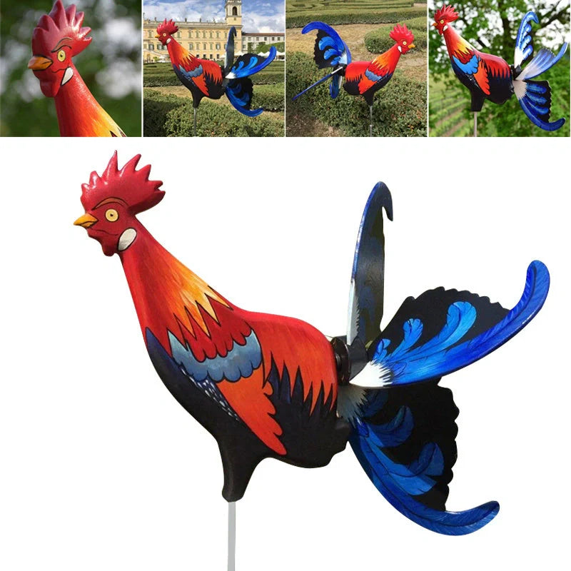 Handmade rooster windmill garden statue with vivid colours and waterproof features