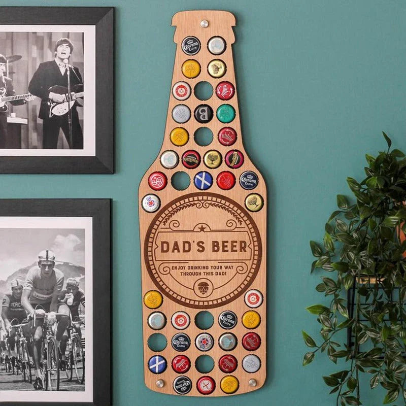 Stylish wooden beer bottle cap display organiser with customizable wooden letters and storage spaces for collecting caps