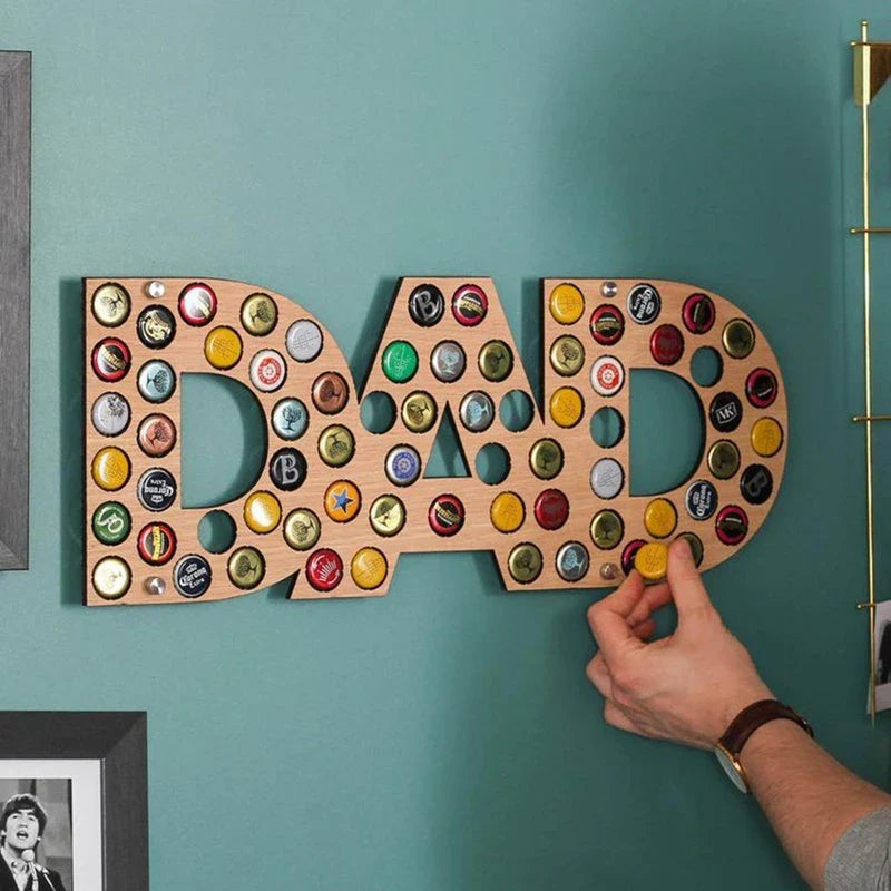 Stylish wooden beer bottle cap display organiser with customizable wooden letters and storage spaces for collecting caps