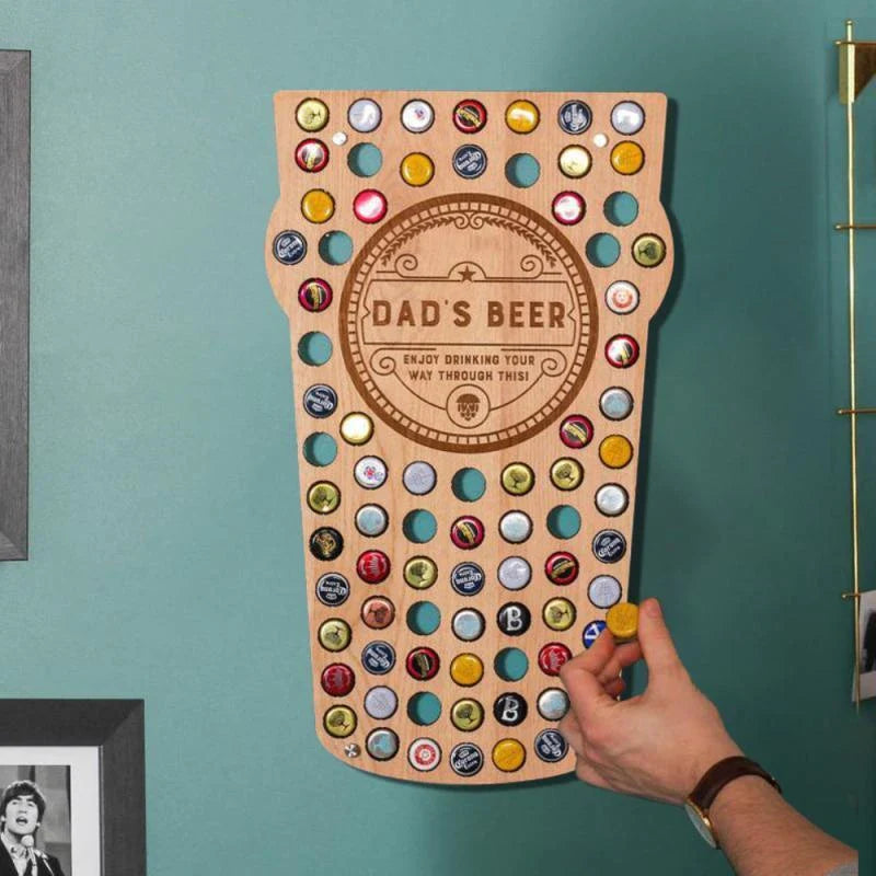 Stylish wooden beer bottle cap display organiser with customizable wooden letters and storage spaces for collecting caps
