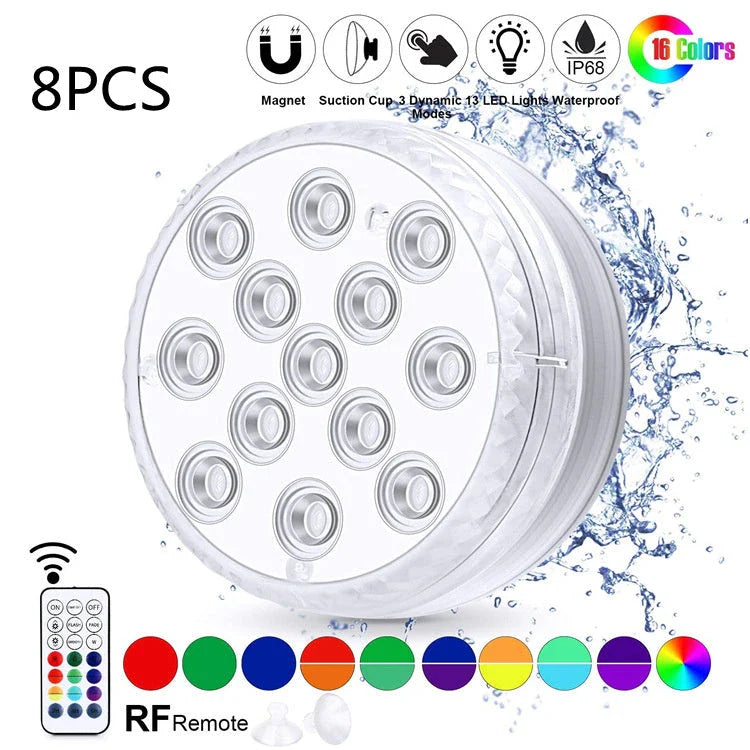 Wireless submersible LED lights with remote control, perfect for pools, spas, and outdoor decor