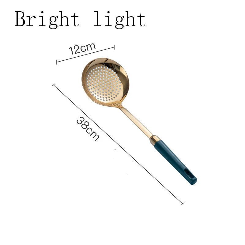 Elegant stainless steel kitchenware set with mirror-polished finish and gold-plated accents, including various utensils like shovels, spoons, ladles, and a serving frame