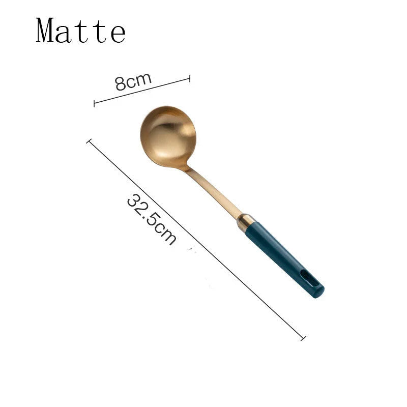 Elegant stainless steel kitchenware set with mirror-polished finish and gold-plated accents, including various utensils like shovels, spoons, ladles, and a serving frame