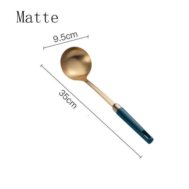 Elegant stainless steel kitchenware set with mirror-polished finish and gold-plated accents, including various utensils like shovels, spoons, ladles, and a serving frame