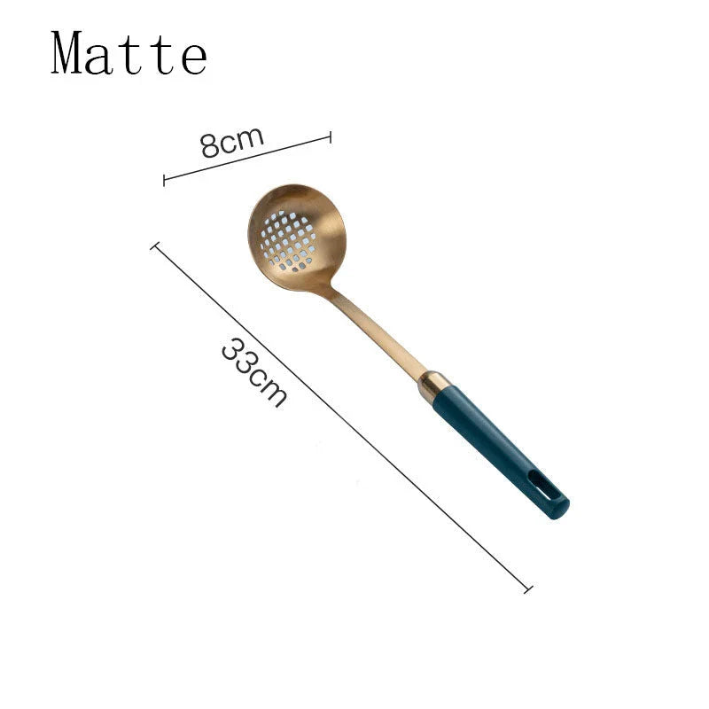 Elegant stainless steel kitchenware set with mirror-polished finish and gold-plated accents, including various utensils like shovels, spoons, ladles, and a serving frame