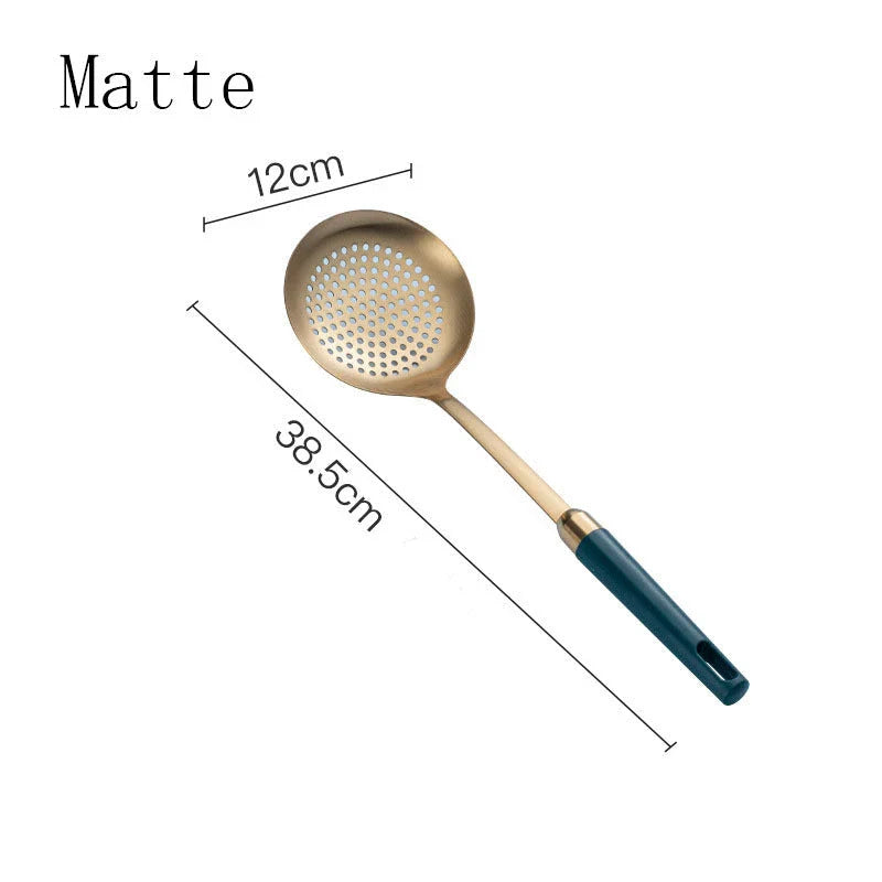 Elegant stainless steel kitchenware set with mirror-polished finish and gold-plated accents, including various utensils like shovels, spoons, ladles, and a serving frame