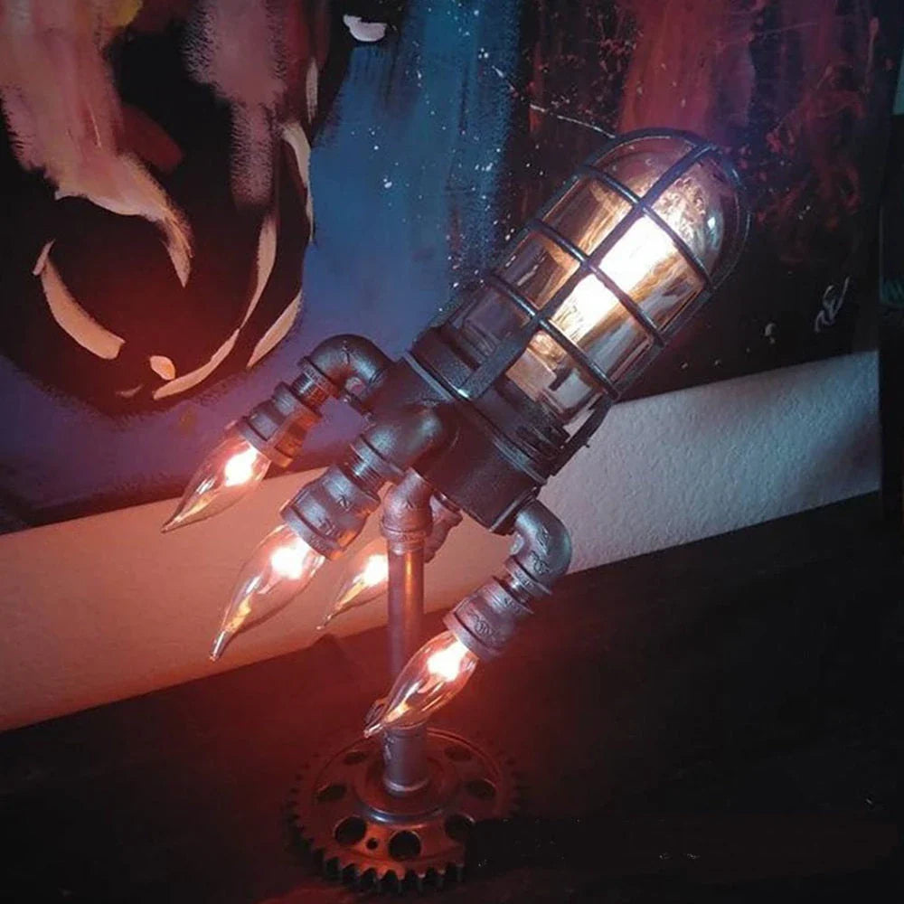Retro rocket-shaped steampunk lamp with warm, ambient LED lighting for industrial-chic home decor