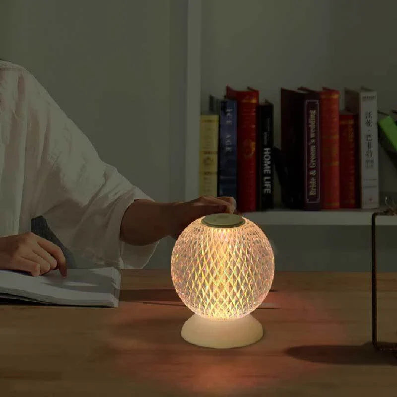 Elegant acrylic crystal bedside lamp with customisable RGB lighting, creating a warm and relaxing atmosphere in the bedroom