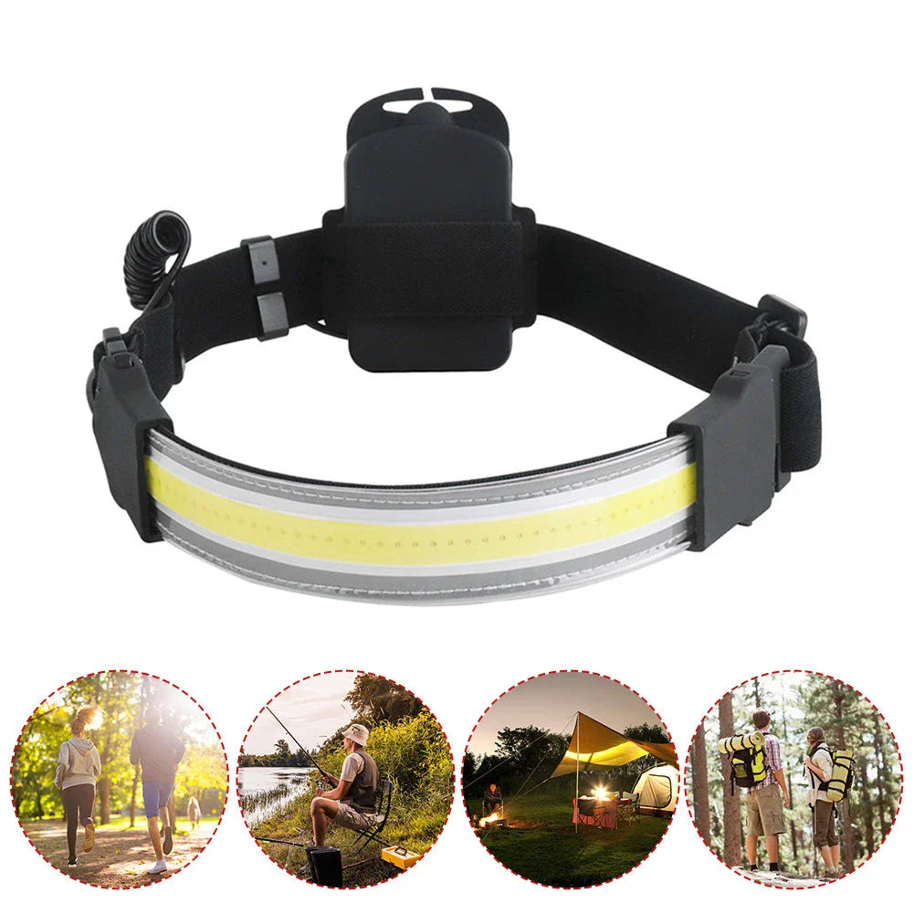 Powerful COB LED headlamp with 3 lighting modes, adjustable headband, and rechargeable battery
