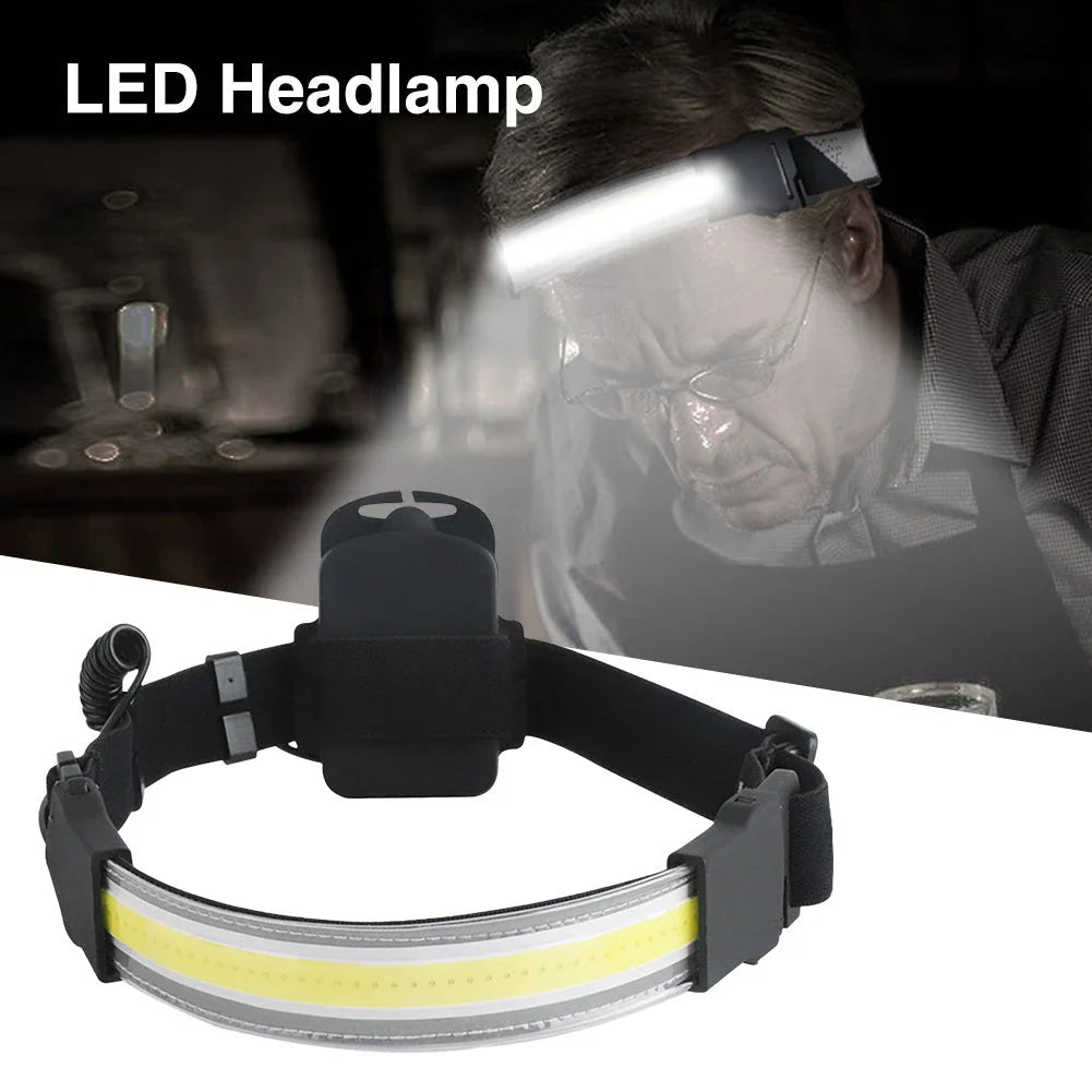 Powerful COB LED headlamp with 3 lighting modes, adjustable headband, and rechargeable battery