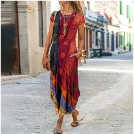 Stylish, printed midi dress with pockets, available in a variety of colours and sizes