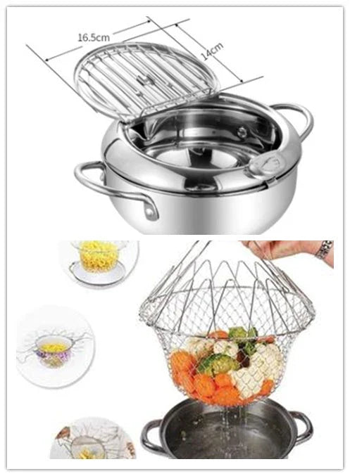 Premium stainless steel folding fryer with thermometer, perfect for frying french fries and other crispy dishes